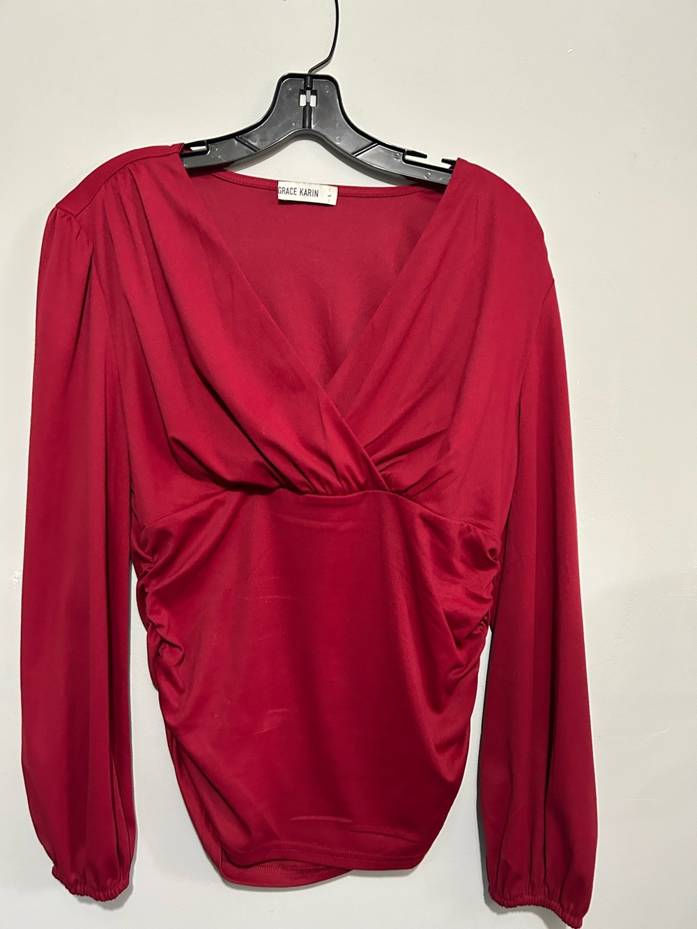 Grace Karin Wine-Red Long Sleeve Surplice Blouse Dress